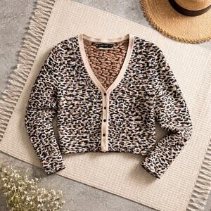 Urban Outfitters Cropped Cardigan Sweater Women M Black Tan Rust Knit Button